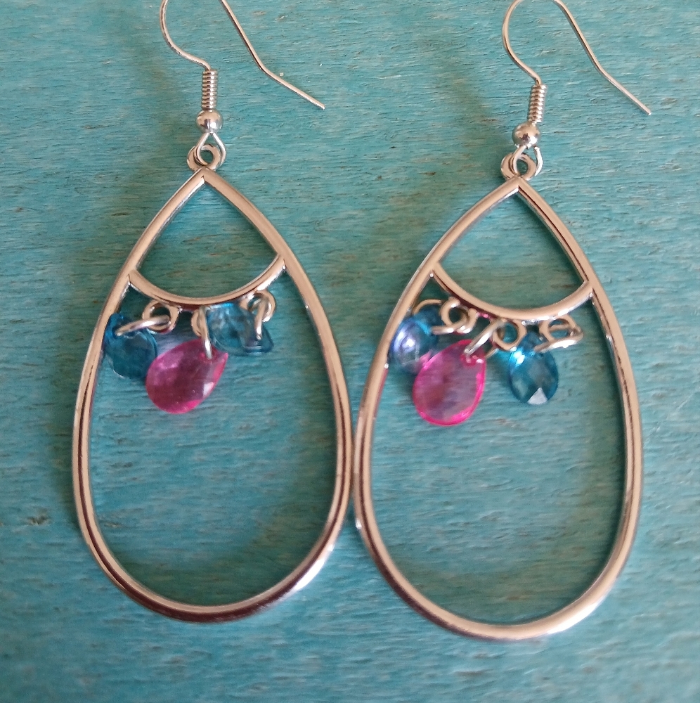 Silver and Pink Dangle Earrings with Beaded Frame